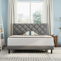 Full Bed Frame, Full Size Platform Bed with Wingback Headboard, Light Grey