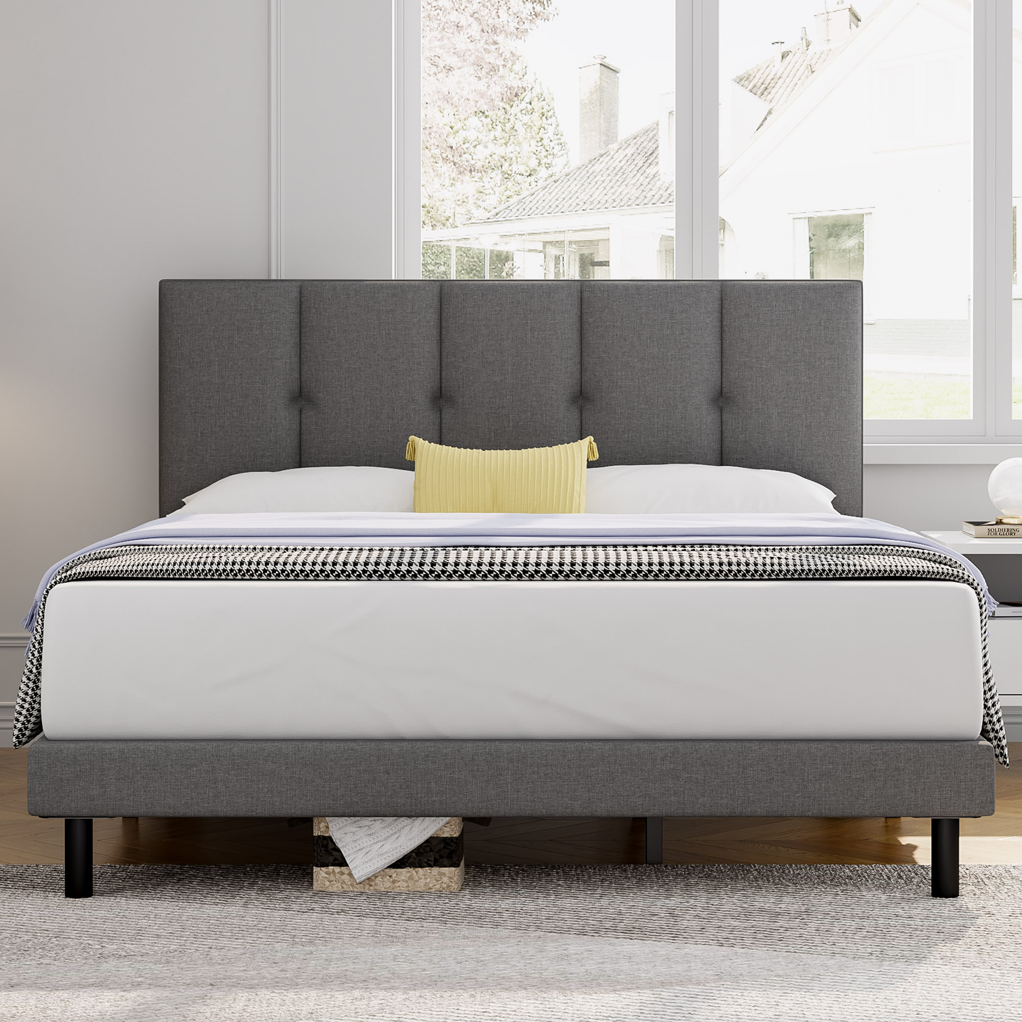 Full Bed Frame, HAIIDE Full Size Bed Frame with Upholstered Headboard and Strong Wooden Slats, Light Grey - image 1 of 7