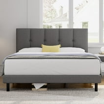 Full Bed Frame, HAIIDE Full Size Bed Frame with Upholstered Headboard and Strong Wooden Slats, Light Grey