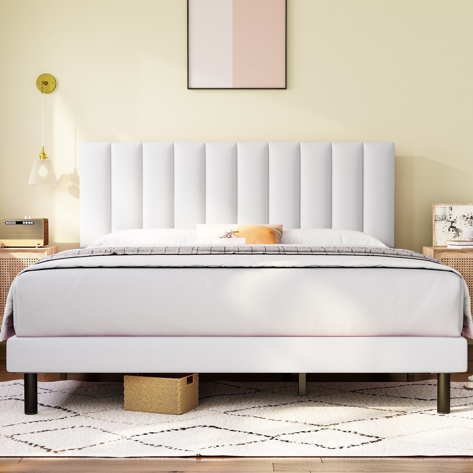 Queen Bed Frame,HAIIDE Queen Size Platform Bed Frame with Fabric Upholstered Headboard,No Box Spring Needed,White