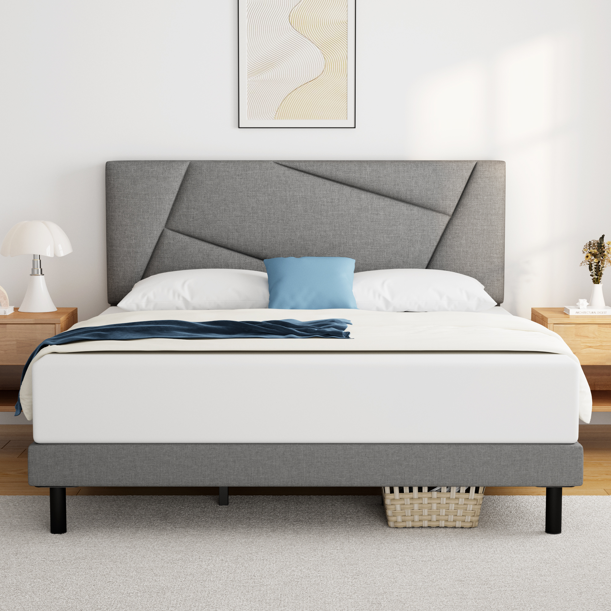 Full Bed Frame, HAIIDE Full Size Platform Bed Frame with Fabric Upholstered Headboard, Light Grey - image 1 of 7