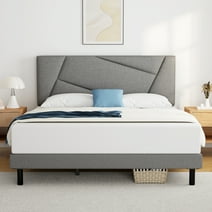Full Bed Frame, HAIIDE Full Size Platform Bed Frame with Fabric Upholstered Headboard, Light Grey