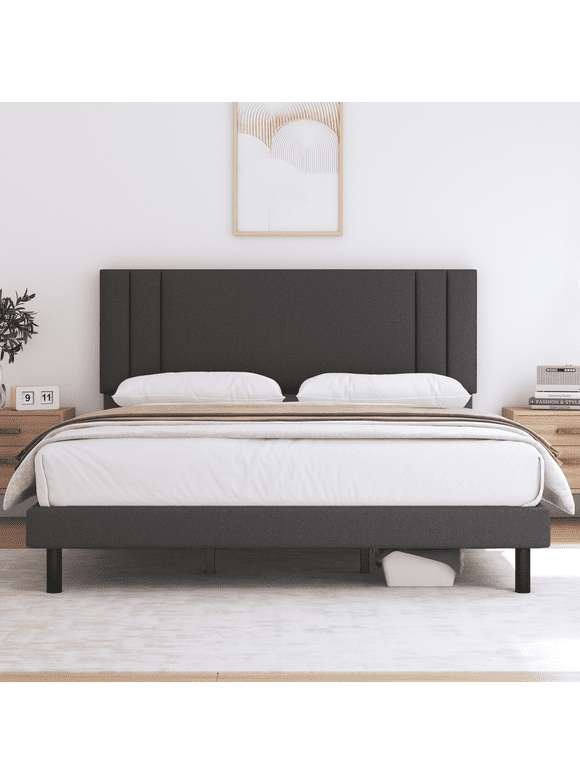Full Bed Frame,HAIIDE Full Size Platform Bed Frame with Fabric Upholstered Headboard,No Box Spring Needed,Dark Grey