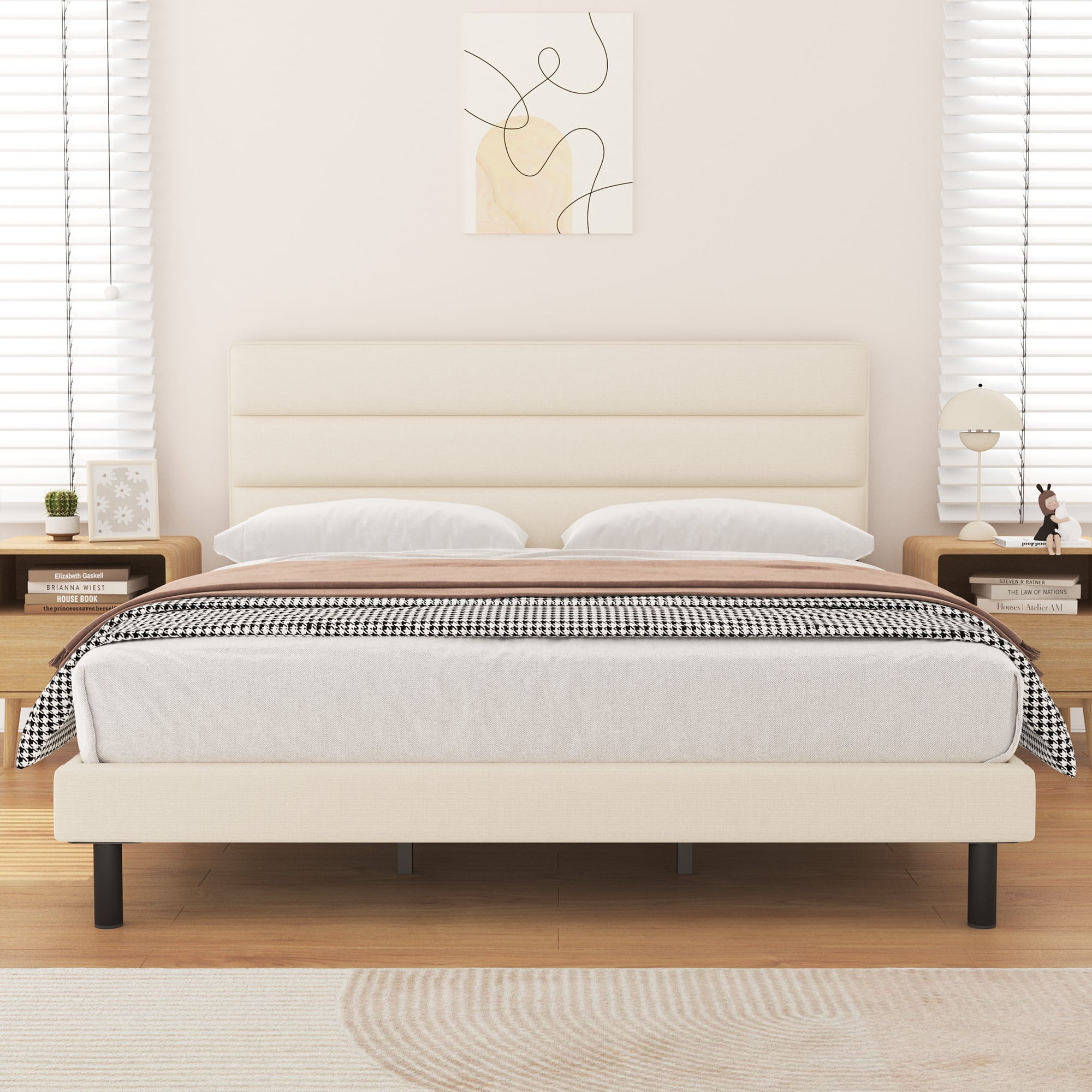 Full Bed Frame, HAIIDE Full Size Platform Bed with Wingback Fabric Upholstered Headboard, Beige