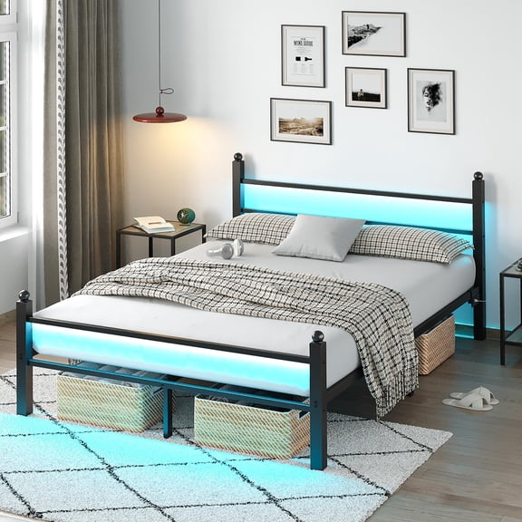 Full Bed Frame with Headboard and Footboard, Metal Bed Frame with Charging Station and LED Lights, Under Bed Storage, No Box Spring Needed,Noise Free,Black