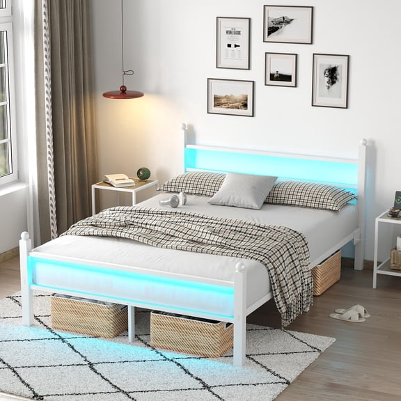 Full Bed Frame with Headboard and Footboard, Metal Bed Frame with Charging Station and LED Lights, Under Bed Storage, No Box Spring Needed,Noise Free,White