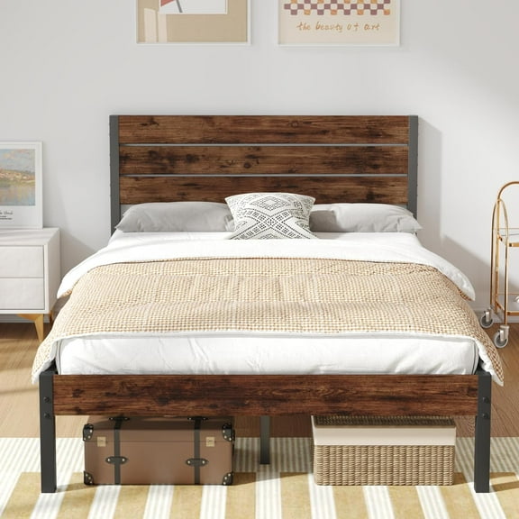 Full Bed Frame with Headboard and Footboard, Metal Full Bed Frame with Under Bed Storage, All-Metal Support System, No Box Spring Needed, Easy Assembly,Rustic Brown
