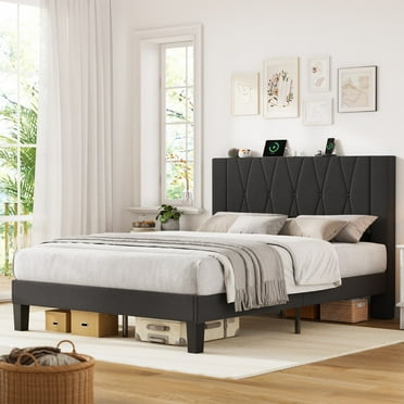 Full Bed Frame with Headboard, Heavy-Duty Linen Upholstered Platform Bed Frame with Charging and Storage, Button Tufted, Wooden Slats Support, No Box Spring Needed, Black