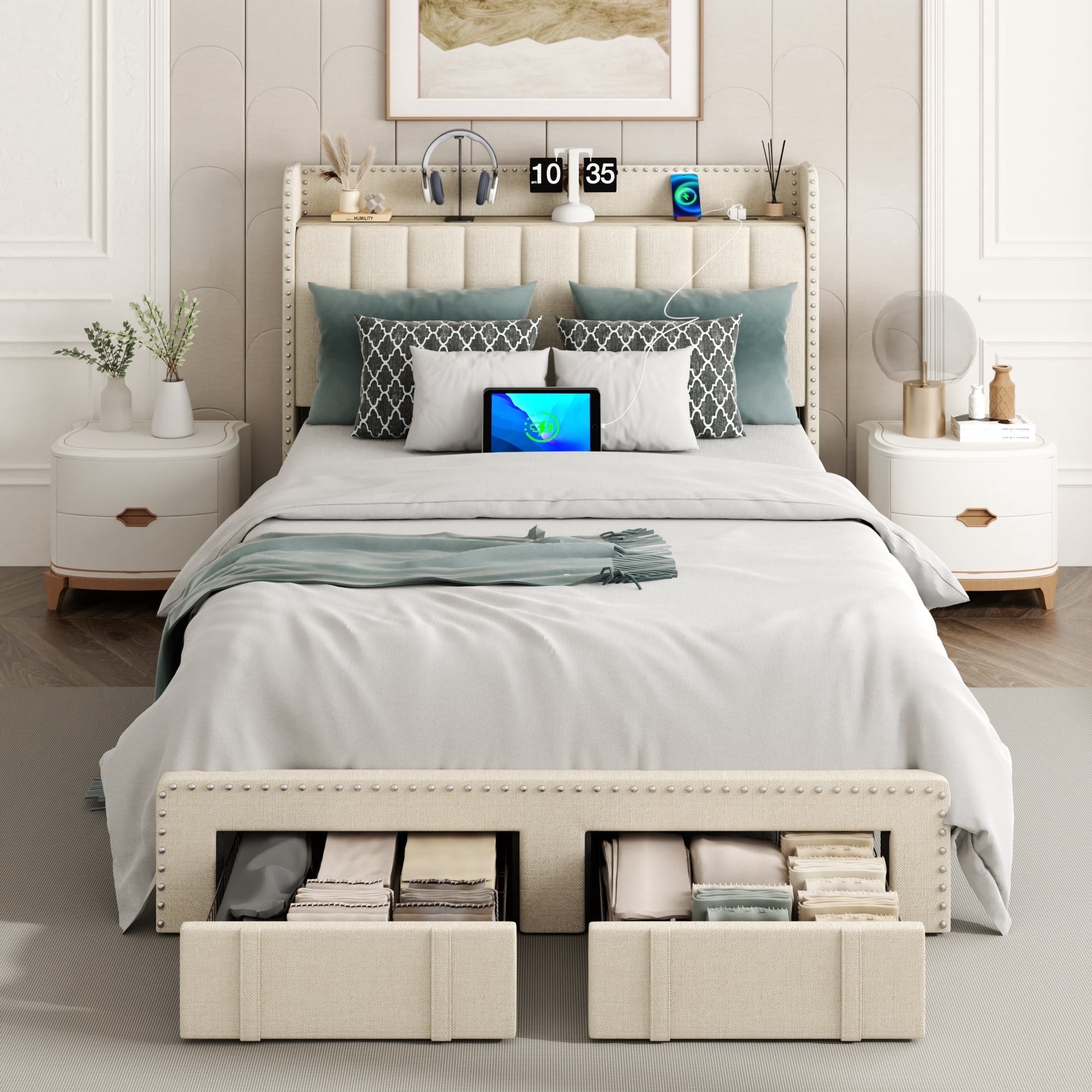 VIPLOV Full Bed Frame With Headboard And Storage, Platform Bed Frame ...
