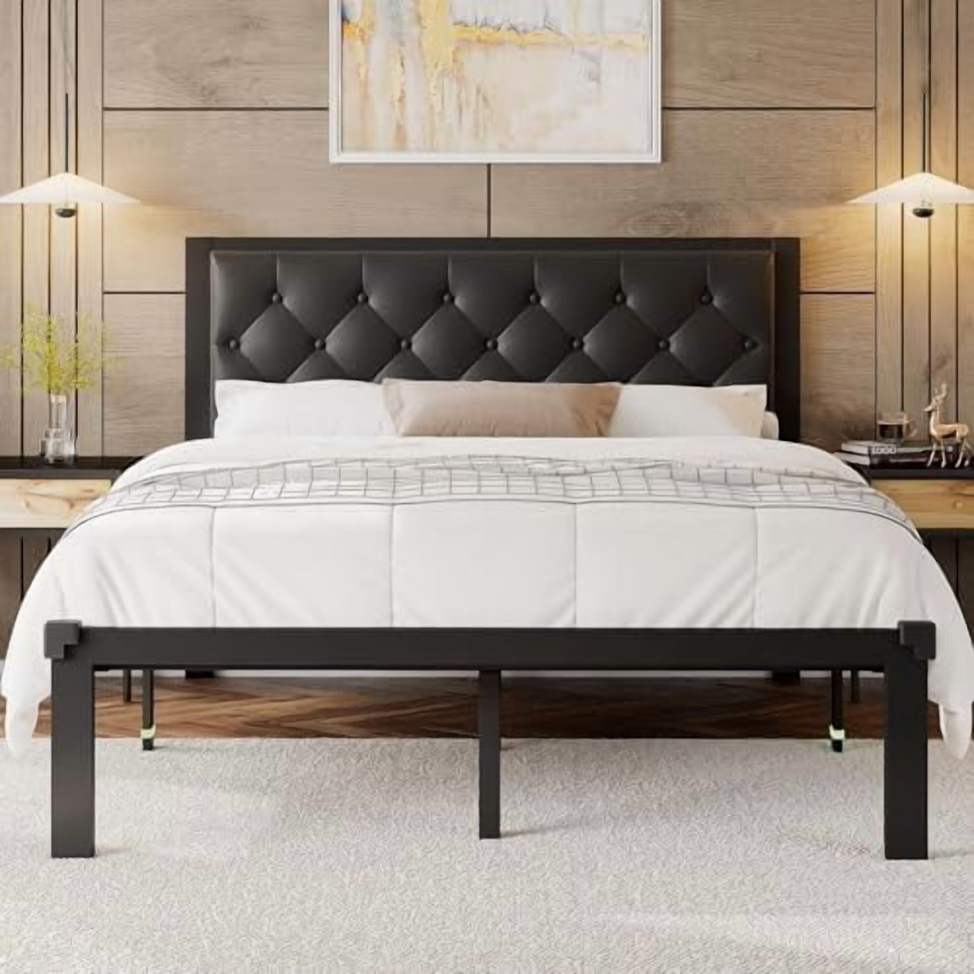 Full Bed Frame, Heavy-Duty Metal Bed Frame with Linen Upholstered ...