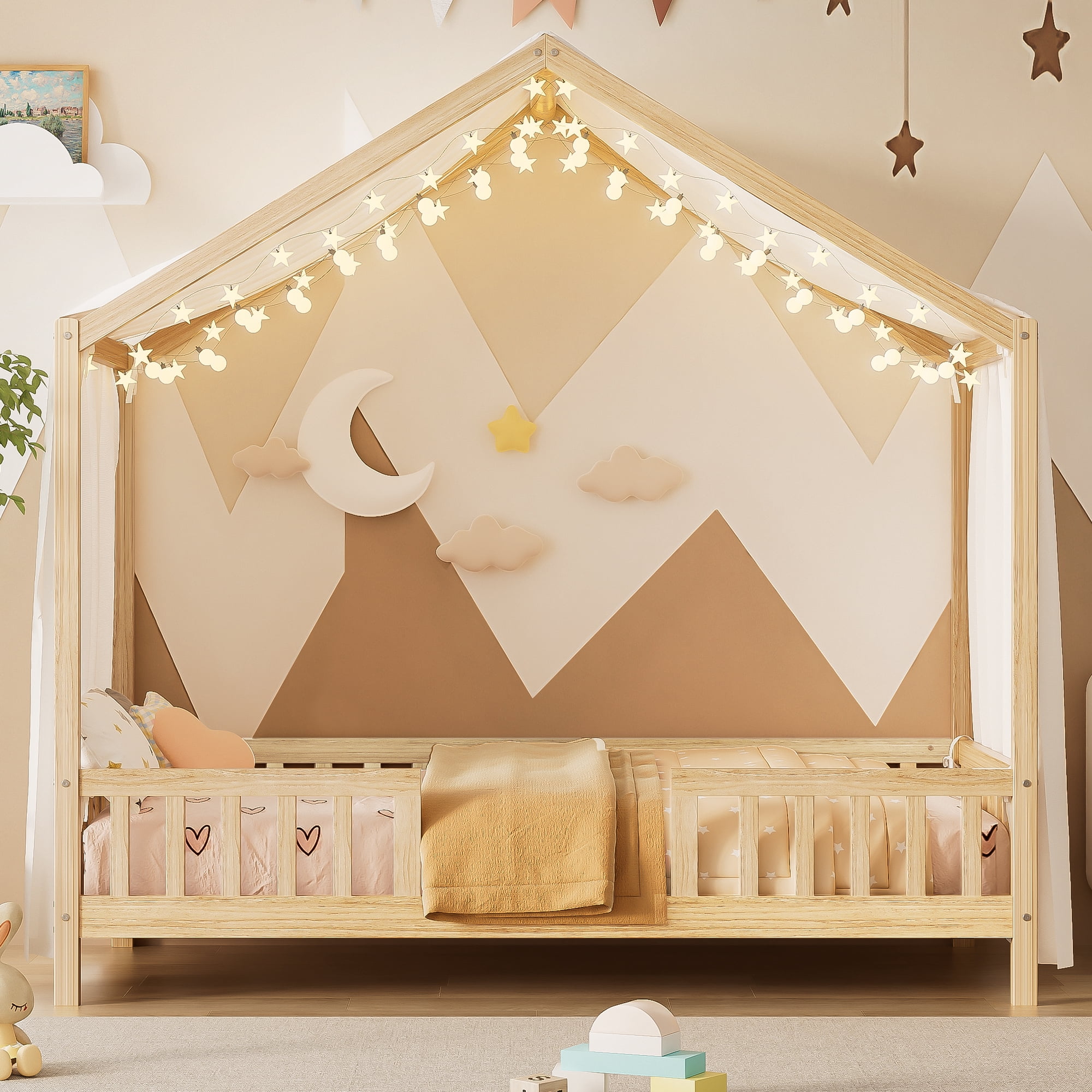 Full Bed Frame for Kids,Montessori Floor House Bed Frame with High Rails,Wood Kids Low Floor Bed with Roof & Canopy,Full Bed Frame for Girls,Boys,No Box Spring Needed,Natural