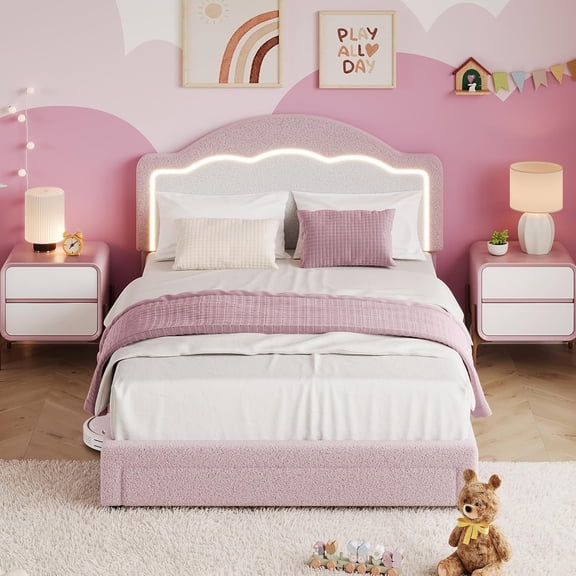 Full Bed Frame with LED Headboard and Under-Bed Drawer, Boucle Fabric Upholstered Platform Bed with LED Light, Wooden Slats Support, No Box Spring Needed, Pink