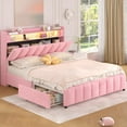 thumbnail image 1 of Full Bed Frame with LED Light & Charging Station, Modern Velvet Upholstered Platform Bed with Storage Headboard,4 Drawers, Noise-Free, No Box Spring Needed,Pink, 1 of 8