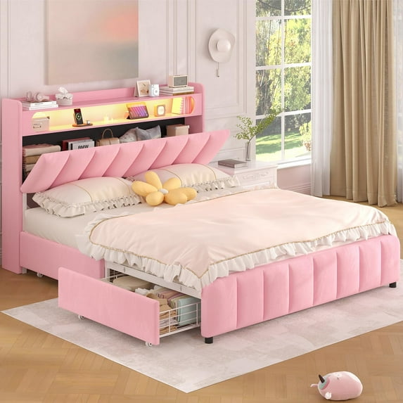 Full Bed Frame with LED Light & Charging Station, Modern Velvet Upholstered Platform Bed with Storage Headboard,4 Drawers, Noise-Free, No Box Spring Needed,Pink