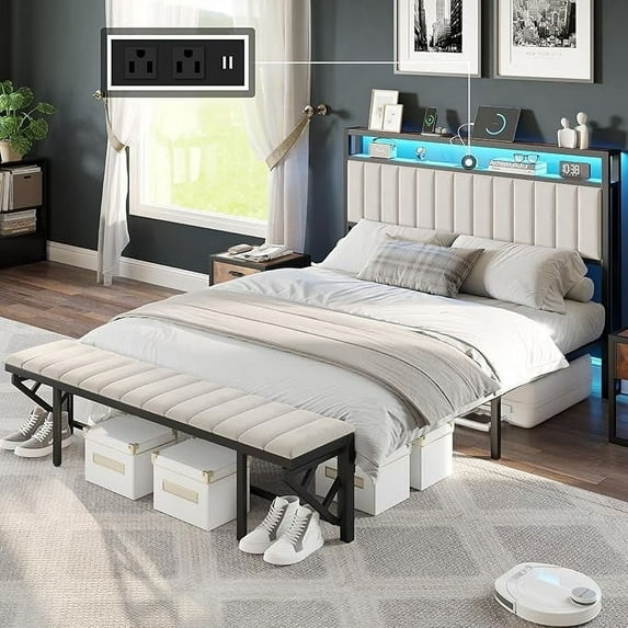 VanAcc Full Bed Frame with LED Light and Charging Station, Velvet Upholstered Headboard with Storage Shelf, Heavy Duty Metal Slats/Beige