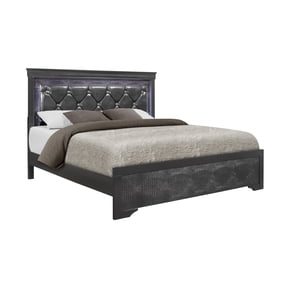 Full Bed Frame with LED Lighting, Metallic Grey Polyester Upholstered Panel Bed with Crystal Inspired Tufted Padded Headboard, Solid Wood and MDF Construction for Contemporary Bedroom
