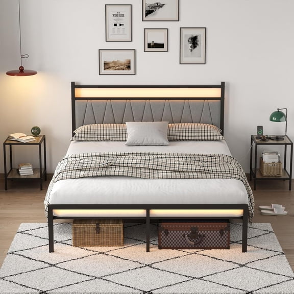 Full Bed Frame with LED Lights & Charging Station, Metal Platform Bed Frame with Fabric Upholstered Headboard, No Box Spring Needed, Noise Free, Easy Assembly, Black