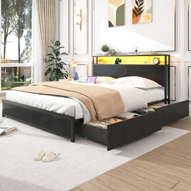 Full Bed Frame with LED Lights Headboard and 4 Drawers, Platform Metal Bed Frame with Power Charging Station and USB Ports, No Box Spring Needed, Noise-Free