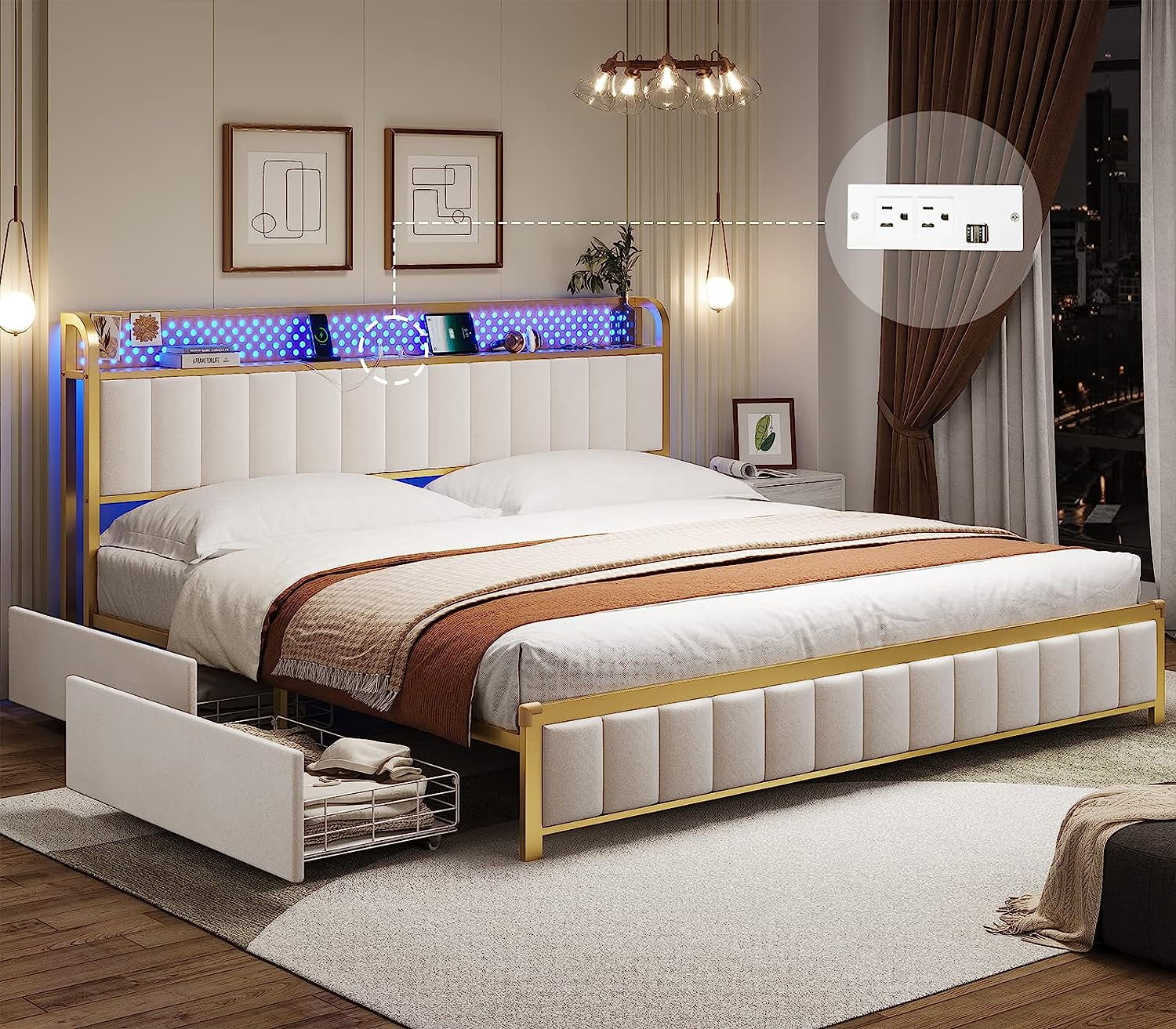 Full Bed Frame with LED Lights Headboard and 4 Drawers, Upholstered Platform Bed with Outlets