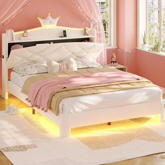 SereneLounge Full Size Bed Frame with Headboard, Upholster Platform Bed Frames with LED Lights, Princess Crown Furniture White Bedroom Furniture