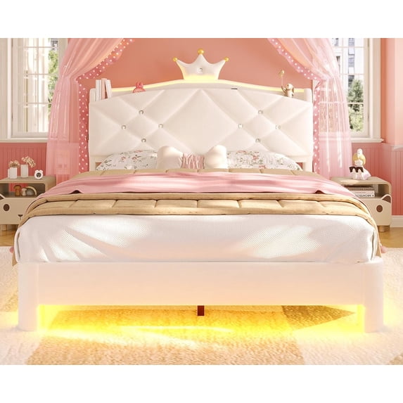 Princess Bed Frame Full with Openable Headboard and LED Lights & Charging Station, Velvet Platform Upholstered Bed for Bedroom Pink Furniture White