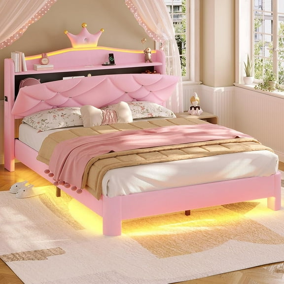 SereneLounge Full Size Bed Frame with Headboard, Upholster Platform Bed Frames with LED Lights, Princess Crown Furniture Pink Bedroom Furniture
