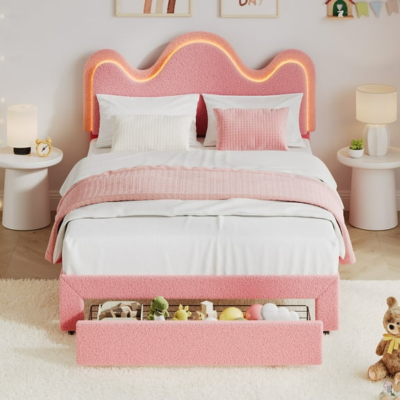 Full Bed Frame, LED Lights &Storage Drawers, Boucle Upholstered Platform Bed with Upholstered Headboard, Under-Bed Storage, No Box Spring Needed, Easy Assembly, Wooden Slats Support