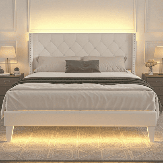 Full Bed Frame with LED Lights, Upholstered Velvet Platform Bed Frames with Button Tufted Wingback Headboard & Footboard - Wooden Slats Support, No Box Spring Needed, Beige