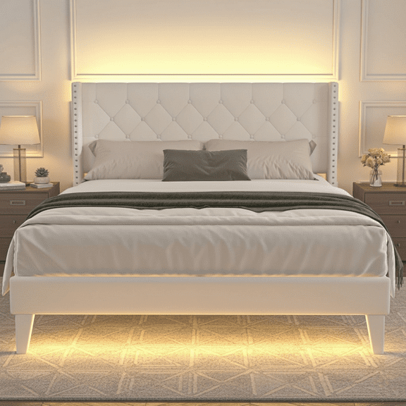 Full Bed Frame with LED Lights, Upholstered Velvet Platform Bed Frames with Button Tufted Wingback Headboard & Footboard - Wooden Slats Support, No Box Spring Needed, Beige