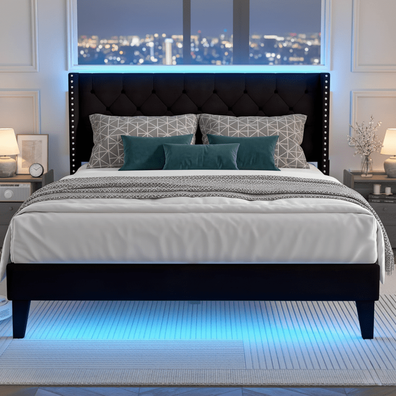 Full Bed Frame with LED Lights, Upholstered Velvet Platform Bed Frames with Button Tufted Wingback Headboard & Footboard - Wooden Slats Support, No Box Spring Needed, Black