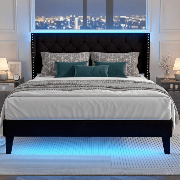 Full Bed Frame with LED Lights, Upholstered Velvet Platform Bed Frames with Button Tufted Wingback Headboard & Footboard - Wooden Slats Support, No Box Spring Needed, Black