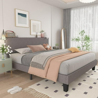 LoVinson Full Size Upholstered Bed Frame with Fabric Adjustable Headboard, Wooden Slats Support, Grey