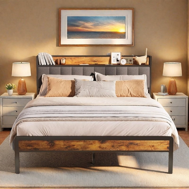 Full Size Bed Frame, Lofka Full Platform Bed Frame with Storage Headboard, Modern Bedroom Furniture, Dark Gray