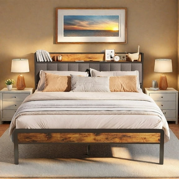 Full Size Bed Frame, Lofka Full Platform Bed Frame with Storage Headboard, Modern Bedroom Furniture, Dark Gray