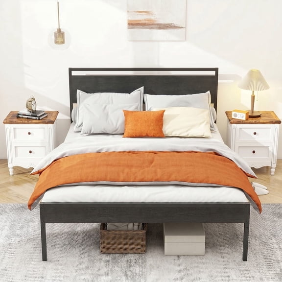 Full Bed Frame, Mattress Foundation with Headboard, No Box Spring Needed, 800LBS Sturdy Metal Slats Support, Noise Free, Black