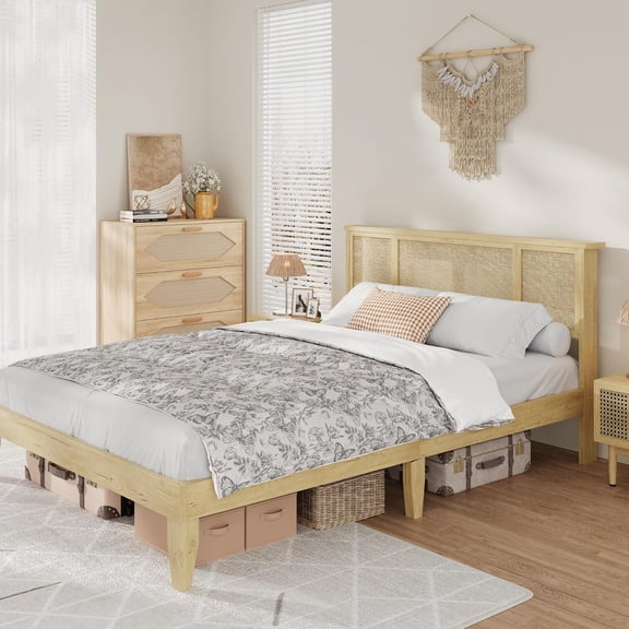 Full Bed Frame with Natural Rattan Headboard, Sturdy Metal Base, Boho-Style Cane Support, No Box Spring Required, Wood Metal Platform Beds, Noise Free, No Box Spring Needed