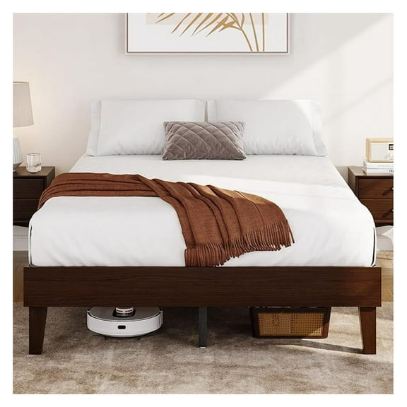 Full Bed Frame Natural Solid Wood Platform Bed with Wooden Slats Support, 12-inch Underbed Space for Storage, Noise-Free Design, Easy Assembly, Dark Walnut Finish