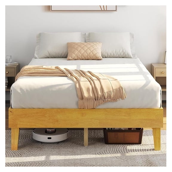 Full Bed Frame Natural Solid Wood Platform Bed with Wooden Slats Support, 12-inch Underbed Space for Storage, Noise-Free Design, Easy Assembly, Natural Wood Finish