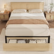 Full Bed Frame with Rattan Headboard, Platform Bed Frame, Mid Century Bed Frame with 2 Storage Drawers, Large Under-Bed Space, No Box Spring Needed, Easy Assembly