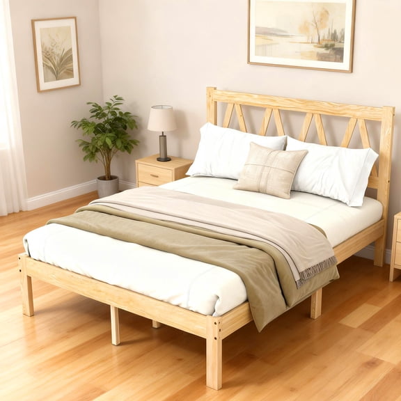Full Bed Frame, Solid Rubber Wood Platform Bed with Heavy Duty Slat Support and 12 Support Legs, Underbed Storage Space, for Latex Memory Foam Spring Mattresses