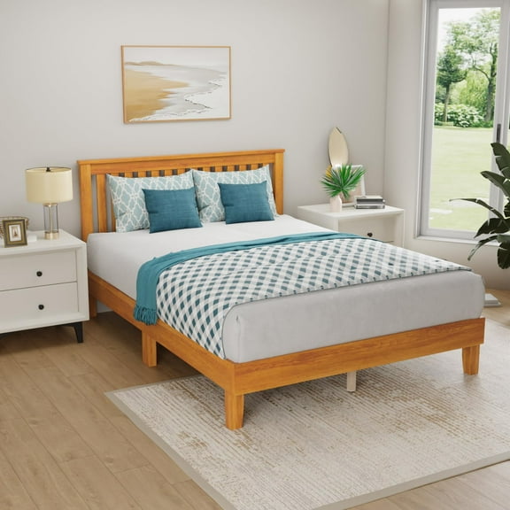 Full Bed Frame Solid Wood Platform Bed with Headboard, Full Size Wood Foundation for  Adults, 75.7"L x 54"W x 37"H, Natural