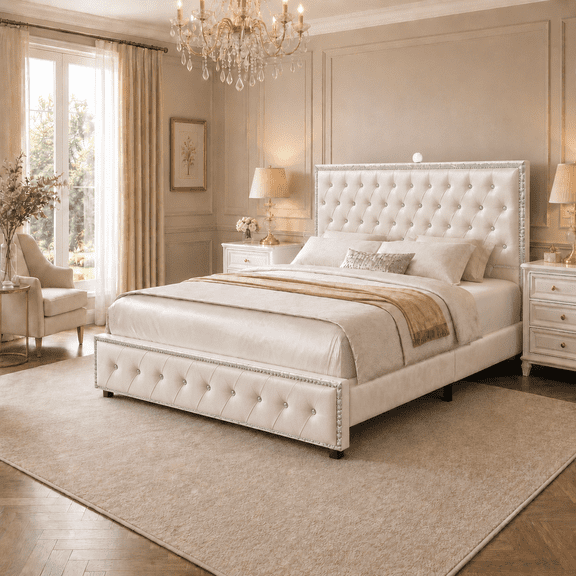 Full Bed Frame with Starry Sky Projector, Built-in Speaker & USB Port, Crystal Tufted Upholstered Platform Bed with Adjustable Headboard, Wood Slat Support, No Box Spring Needed, Velvet Cream