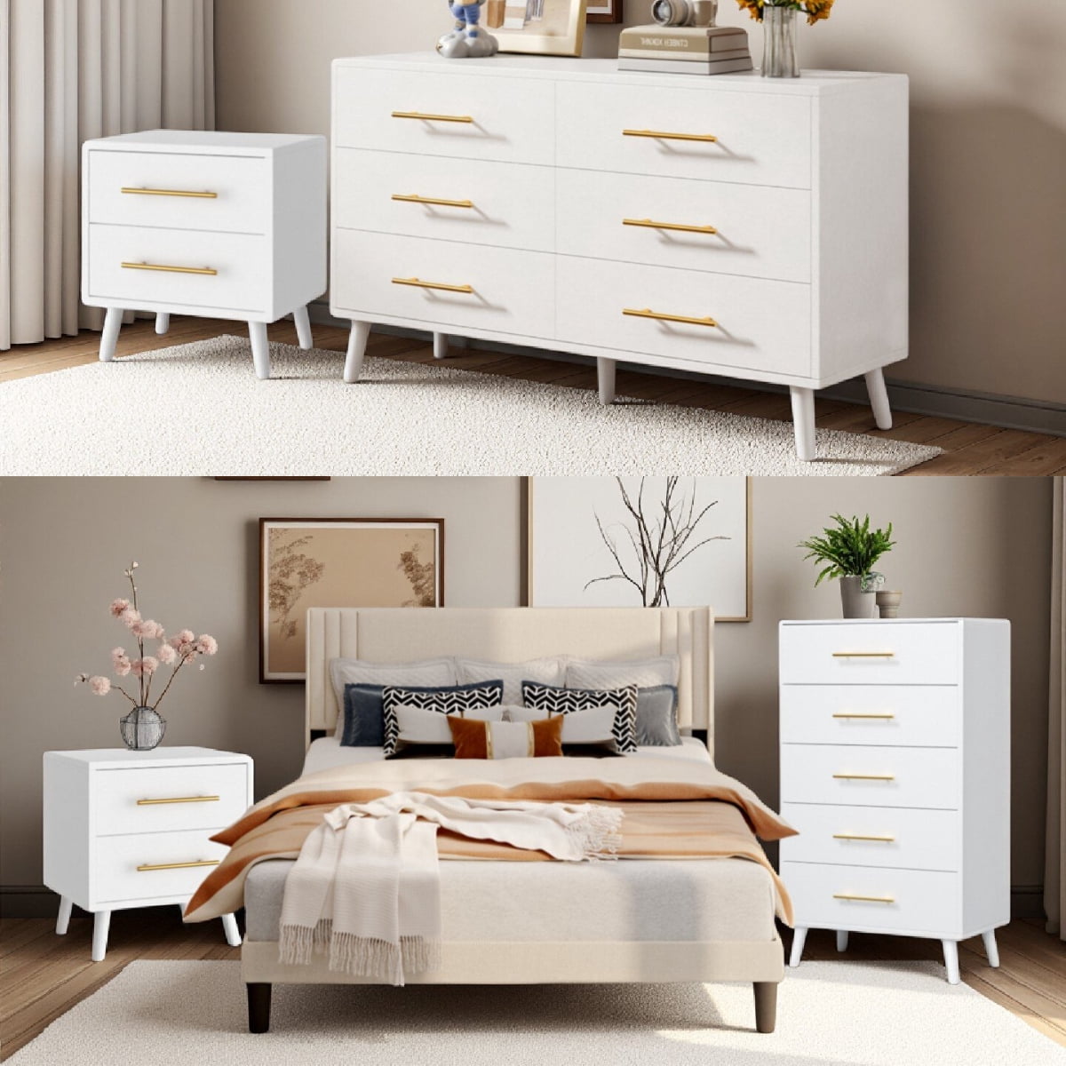 Full Bed Frame & Storage Combo, Upholstered Platform Bed Frame with 4 Wood Dressers (2, 5, 6 Drawers), Beige & White