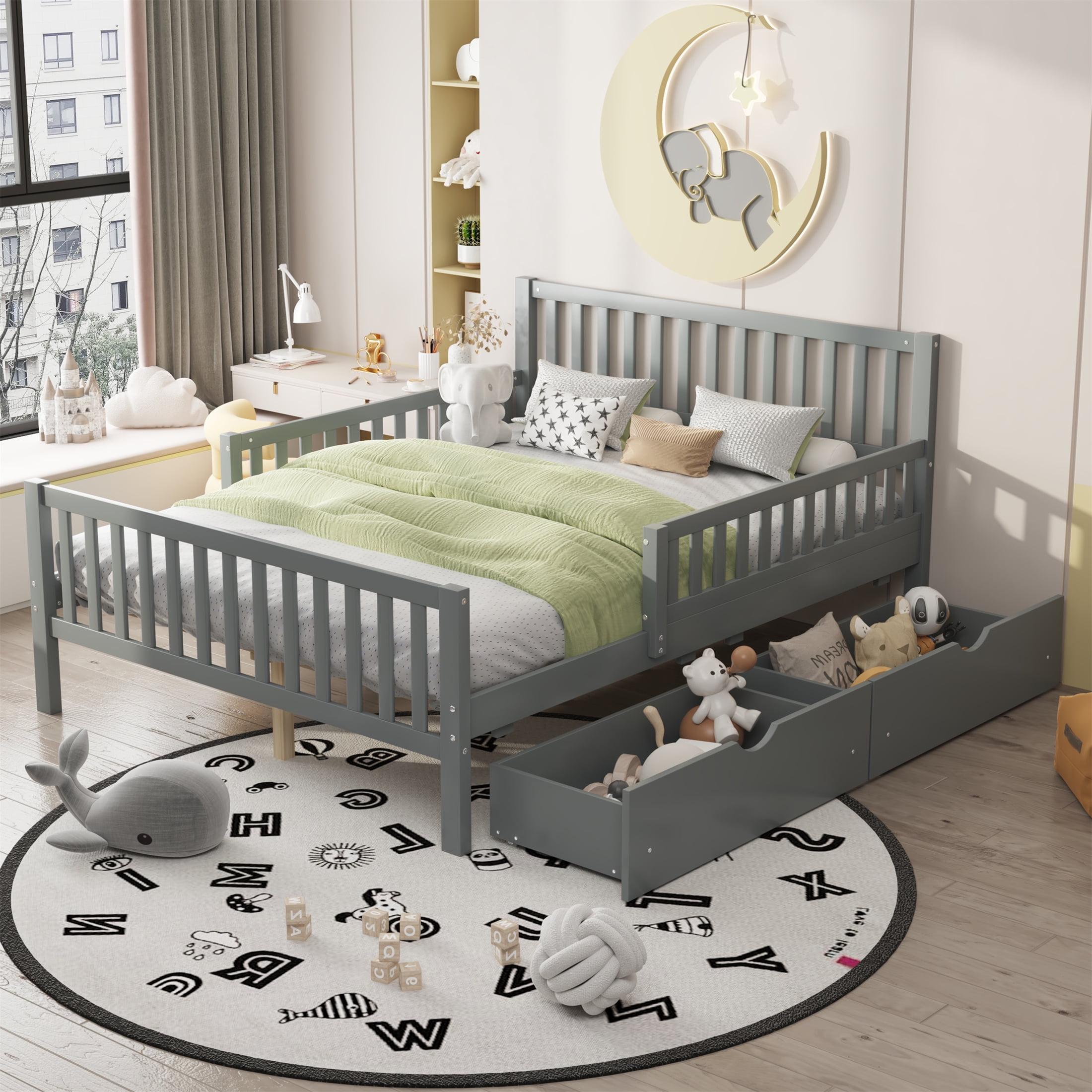 Full Bed Frame with Storage Drawers and Safety Guardrails on Both Sides,Wood Platform Bed & Headboard and Footboard for,Boys,Girls,Solid Slats Support,77.4"x57.5"x34.5",Gray