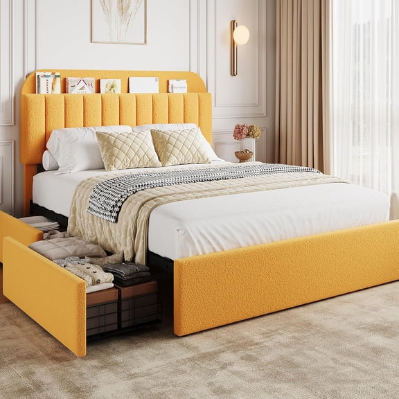 Full Bed Frame with Storage Headboard, Bed Frame with 2 Drawers, Boucle Upholstered Platform Bed with Bookcase, No Box Spring Needed, Easy Assembly, Yellow