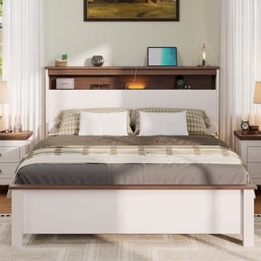LEGAHOME Full Bed Frame, Heavy Duty Full Platform Bed with Storage Headboard, Charging Station and LED Lights, 550lbs Weight Capacity, No Box Spring Needed, Brown and White