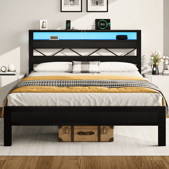 Full Bed Frame with Storage Headboard and Power Outlet, LED Light Platform Bed with 2-Tier Shelves, Heavy Duty Metal Slats Support, No Box Spring Needed, Black