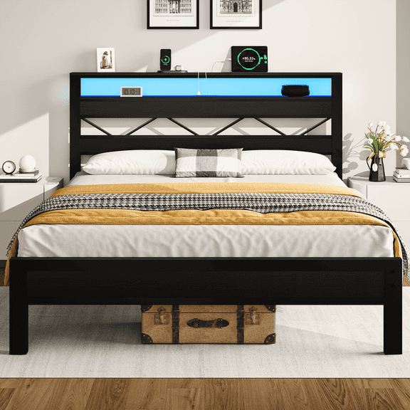 Full Bed Frame with Storage Headboard and Power Outlet, LED Light Platform Bed with 2-Tier Shelves, Heavy Duty Metal Slats Support, No Box Spring Needed, Black