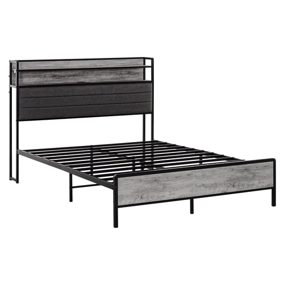 Full Bed Frame with Storage & LED Lights, Cement Gray Platform Bed with Charging Station, Upholstered Headboard, Full Size Bed Frame for Bedroom Furniture