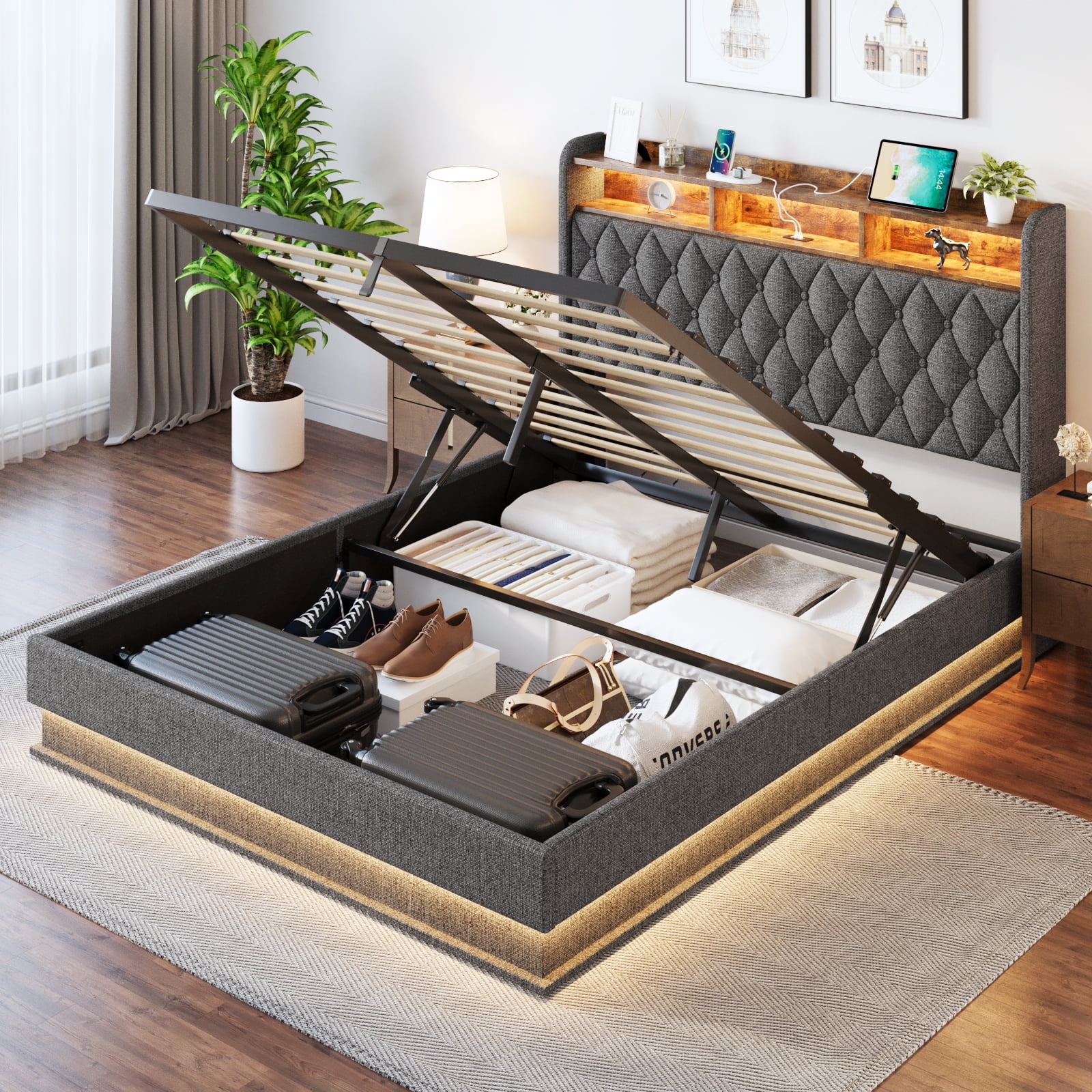 Full Bed Frame with Storage - Lift Up Full Size Bed Frame with ...